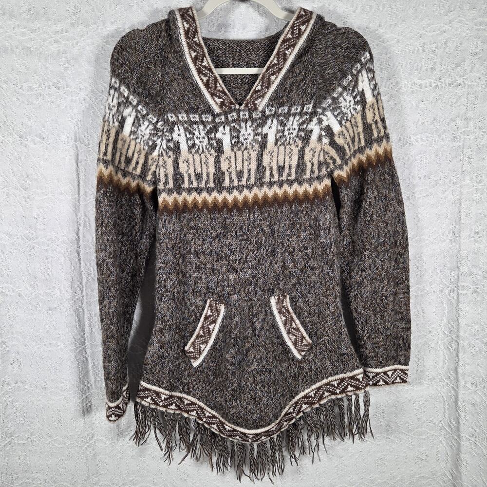 Alpaca Blend Peruvian Sweater Hoodie Womens XS Brown Fair Isle Fringe Pullover